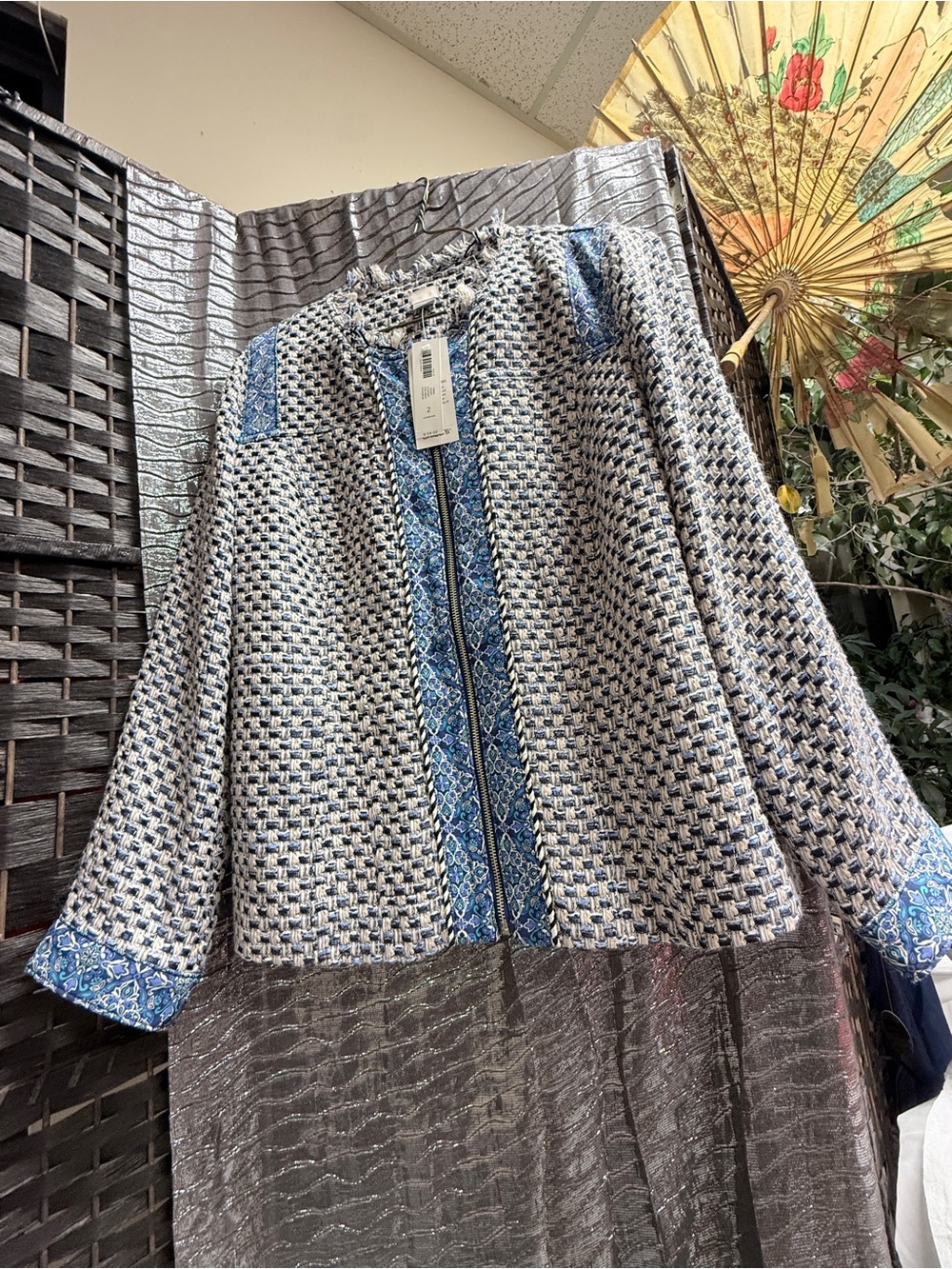 Chico's Blue Paisley Woven Tweed Zip Front Fringe Jacket Blazer - Size 2 / L